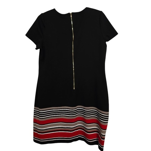 Calvin Klein Black Sheath Dress Striped Hem Sheer Panel Gold Zipper‎ Size 14 - Picture 3 of 8